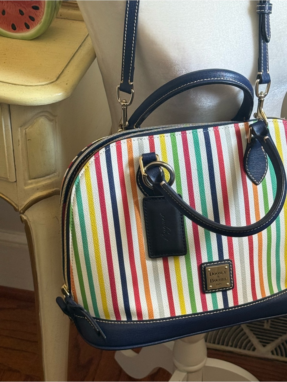 Like New Vintage Dooney &Bourke “Catalina” Striped Satchel with Navy Trim - Picture 10 of 15